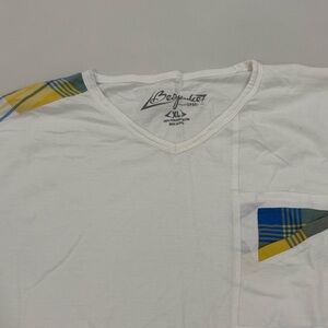 Bespoke White V-Neck Men’s Tee with Blue & Yellow Plaid Accents, XL